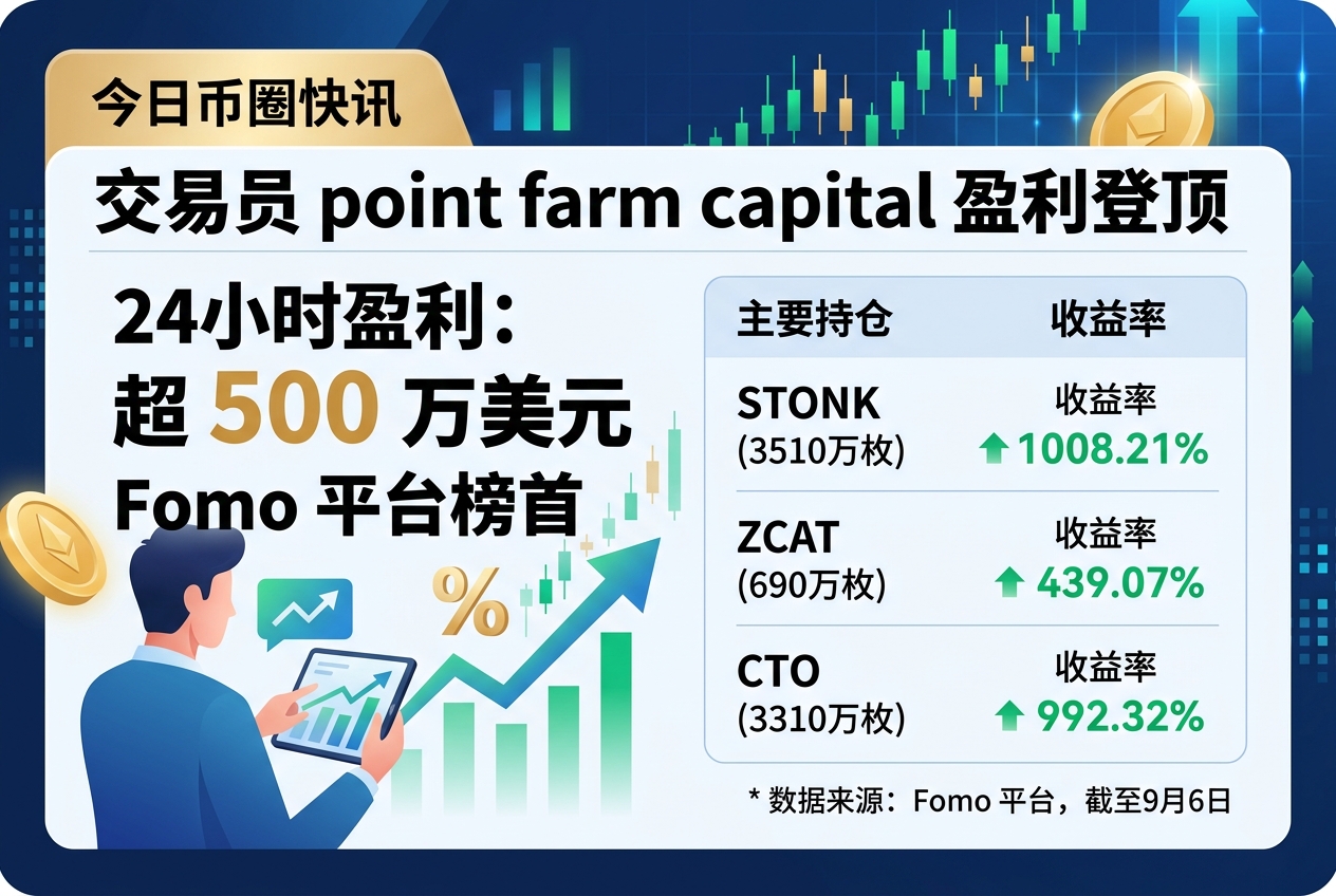 交易员 point farm capital 近 24 小时盈利超 500 万美元，位居 Fomo 平台榜首