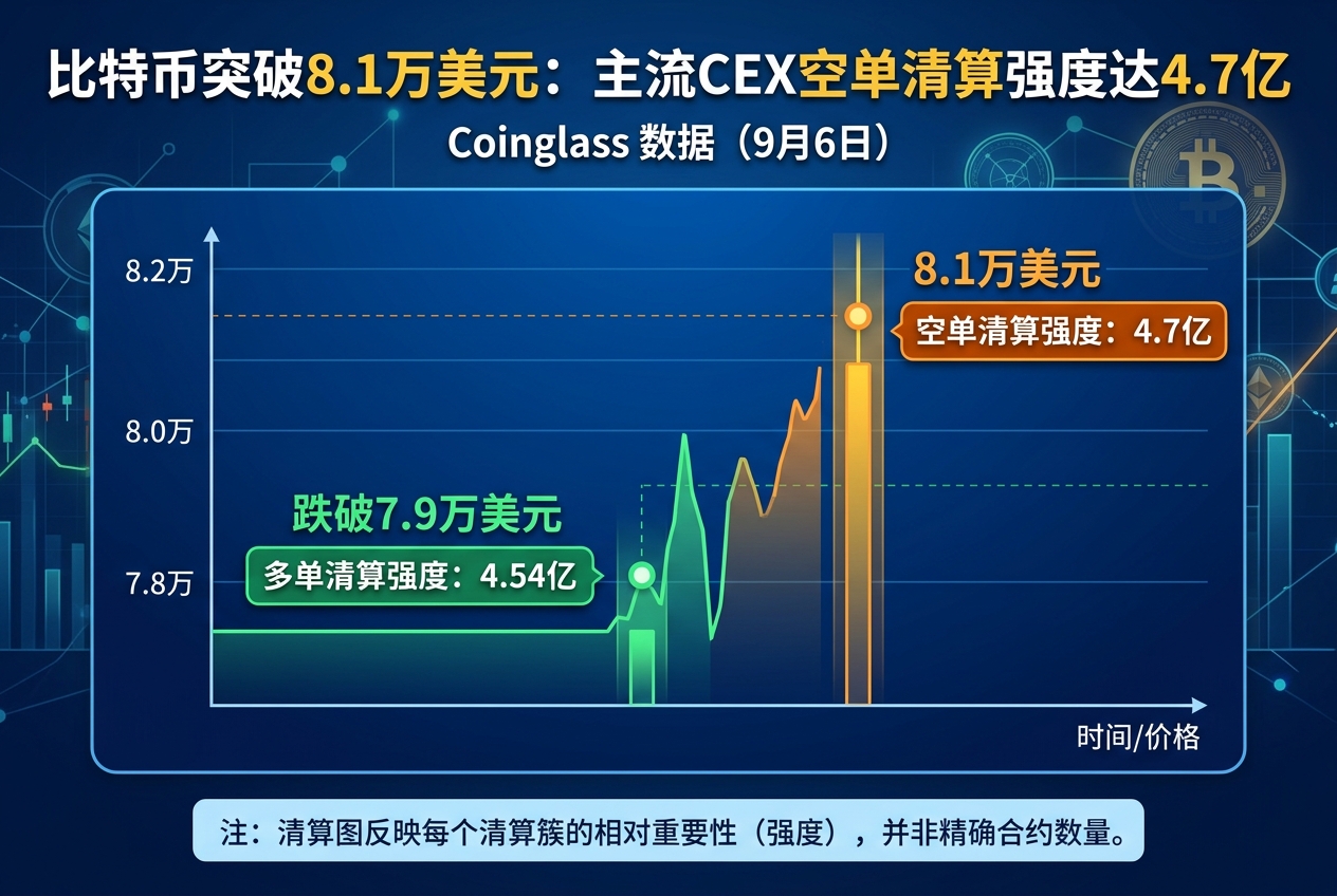 比特币突破8.1万美元时,主流CEX累计空单清算强度将达4.7亿