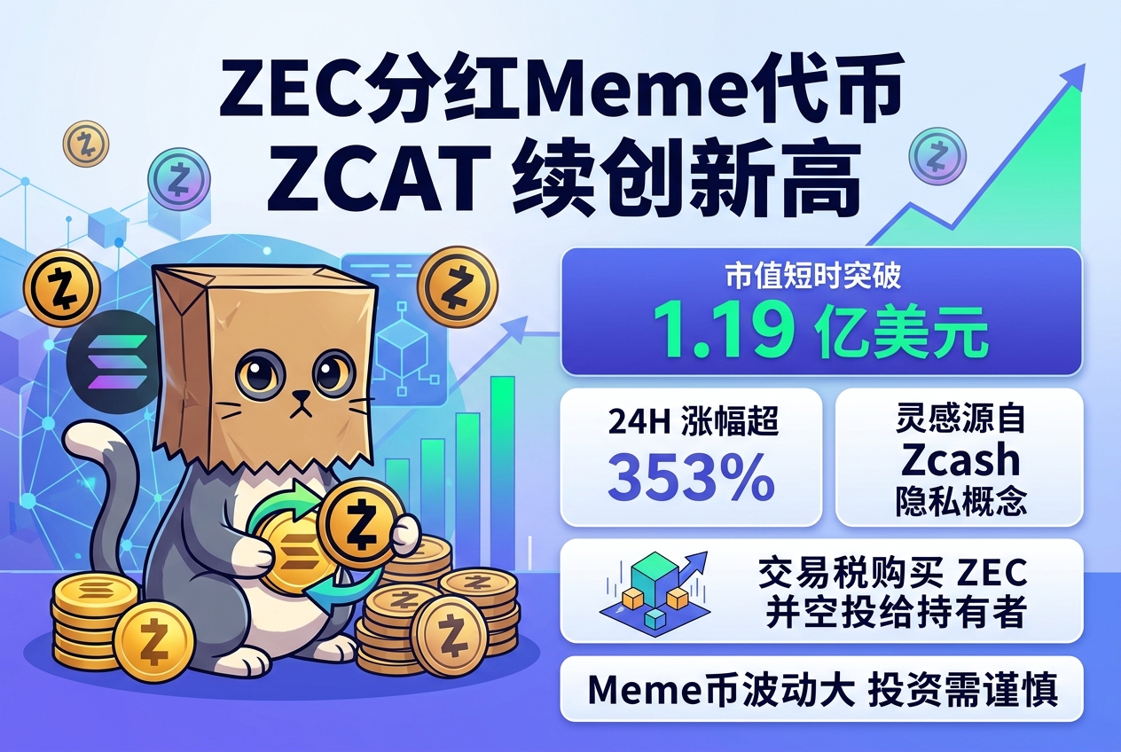 ZEC分红 Meme 代币 ZCAT 市值短时突破 1.19 亿美元,续创新高