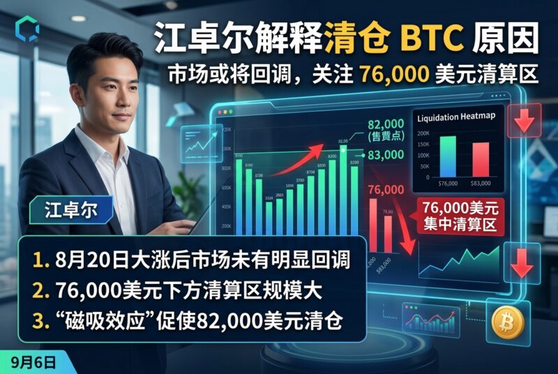 江卓尔解释清仓 BTC 原因:或将出现回调,向下触及 76,000 美元集中清算区-指挥使社区 - 真实线索、热点议题与深度观察