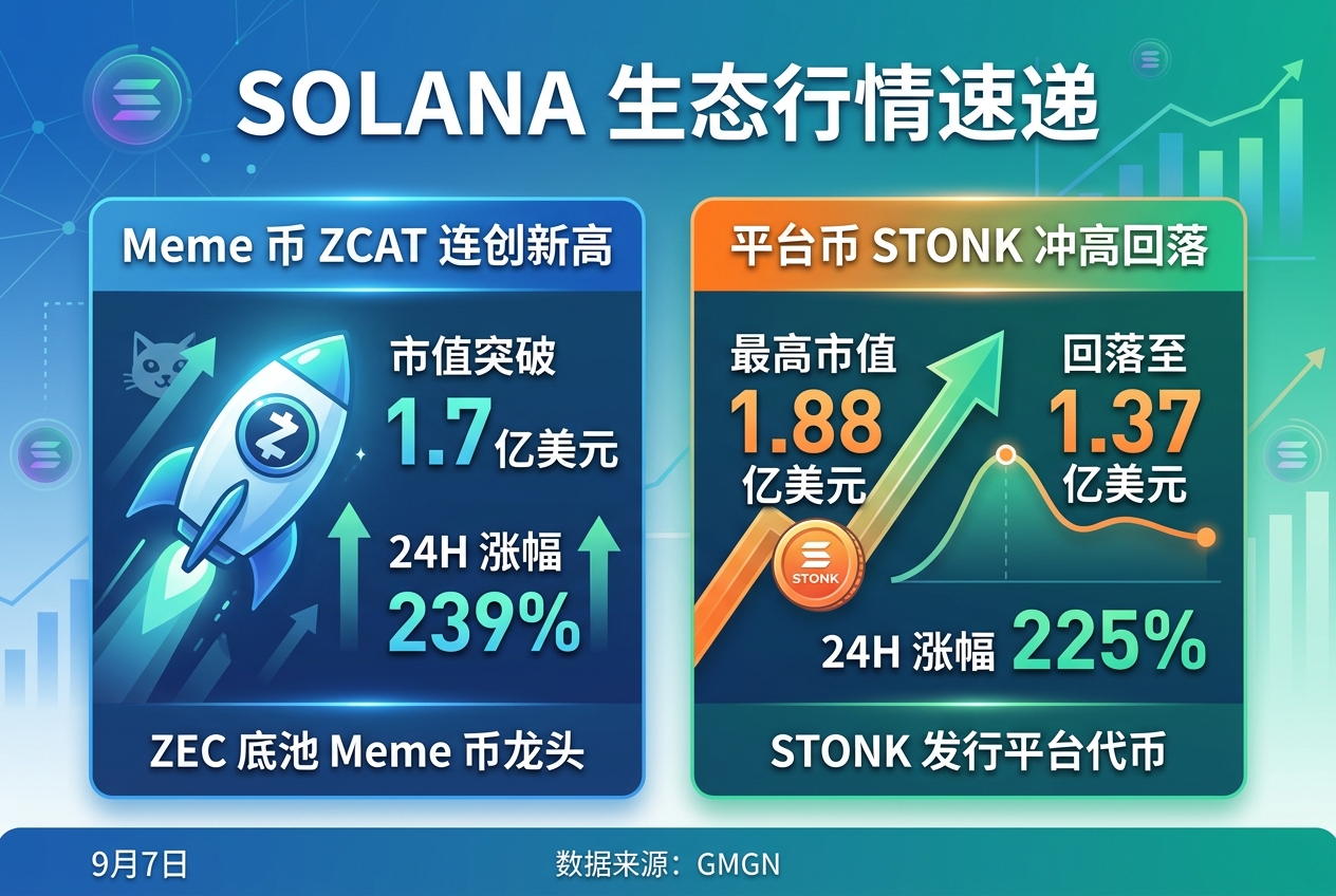 Solana 链上 ZEC 底池 Meme 币 ZCAT 连创新高,平台币 STONK 冲高回落