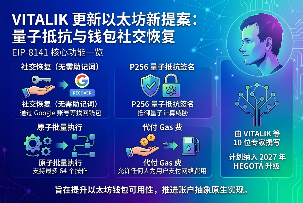 Vitalik 更新 EIP-8141 提案,支持量子抵抗签名与钱包社交恢复