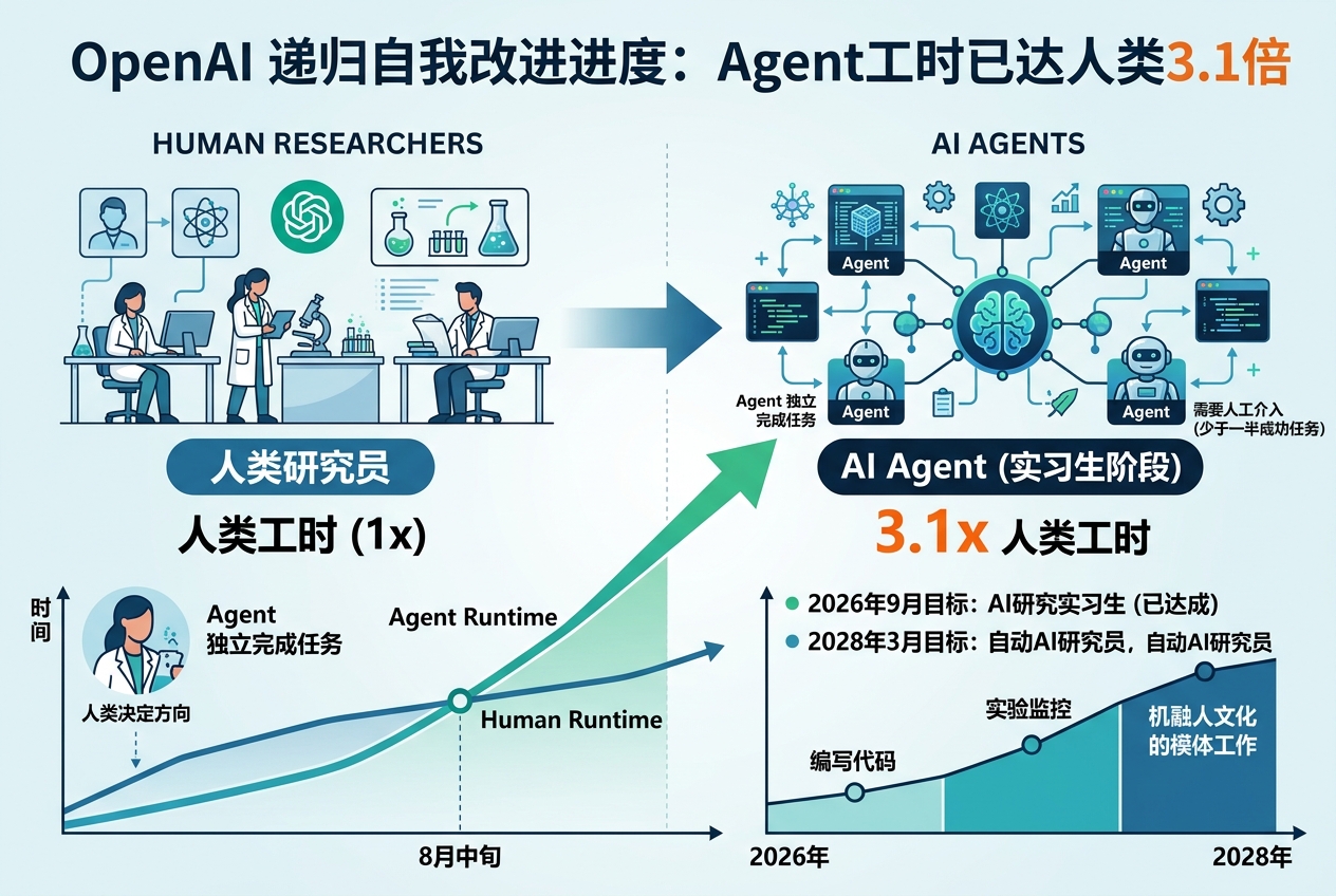 OpenAI公开递归自我改进进度：Agent工时已达人类3.1倍