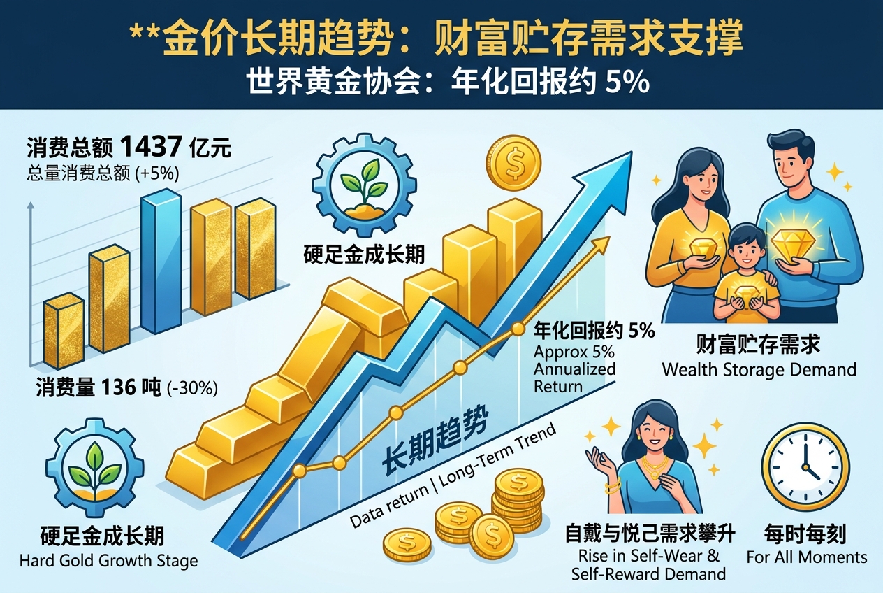 世界黄金协会:金价年化回报约 5%,长期趋势由财富贮存需求支撑
