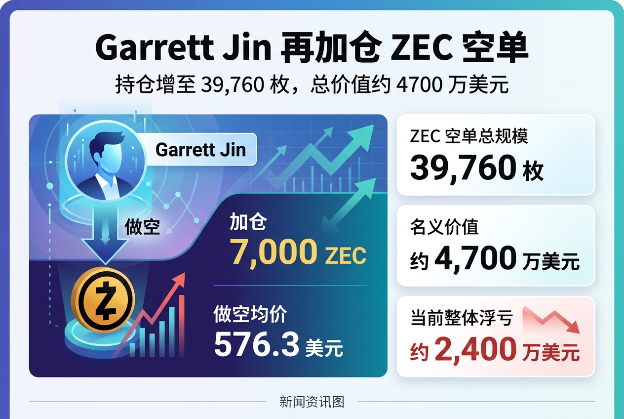 Garrett Jin 再加仓 ZEC 空单，持仓增至 39,760 枚
