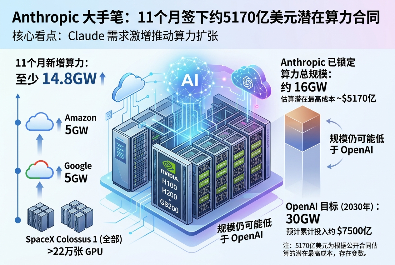 Anthropic 11个月签下约5170亿美元潜在算力合同,规模仍可能低于OpenAI