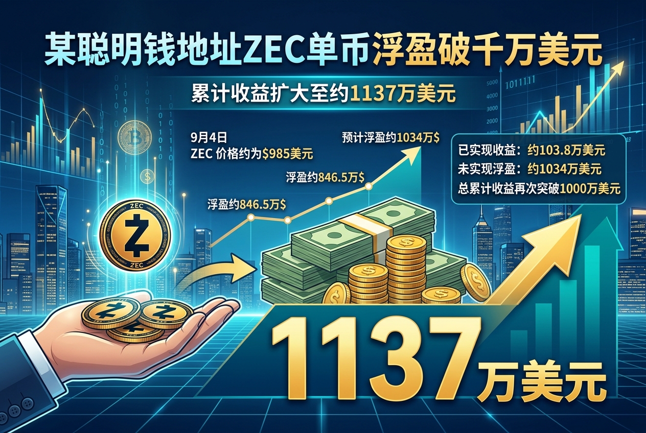某ZEC聪明钱单币浮盈破千万美元，累计收益扩大至1137万美元