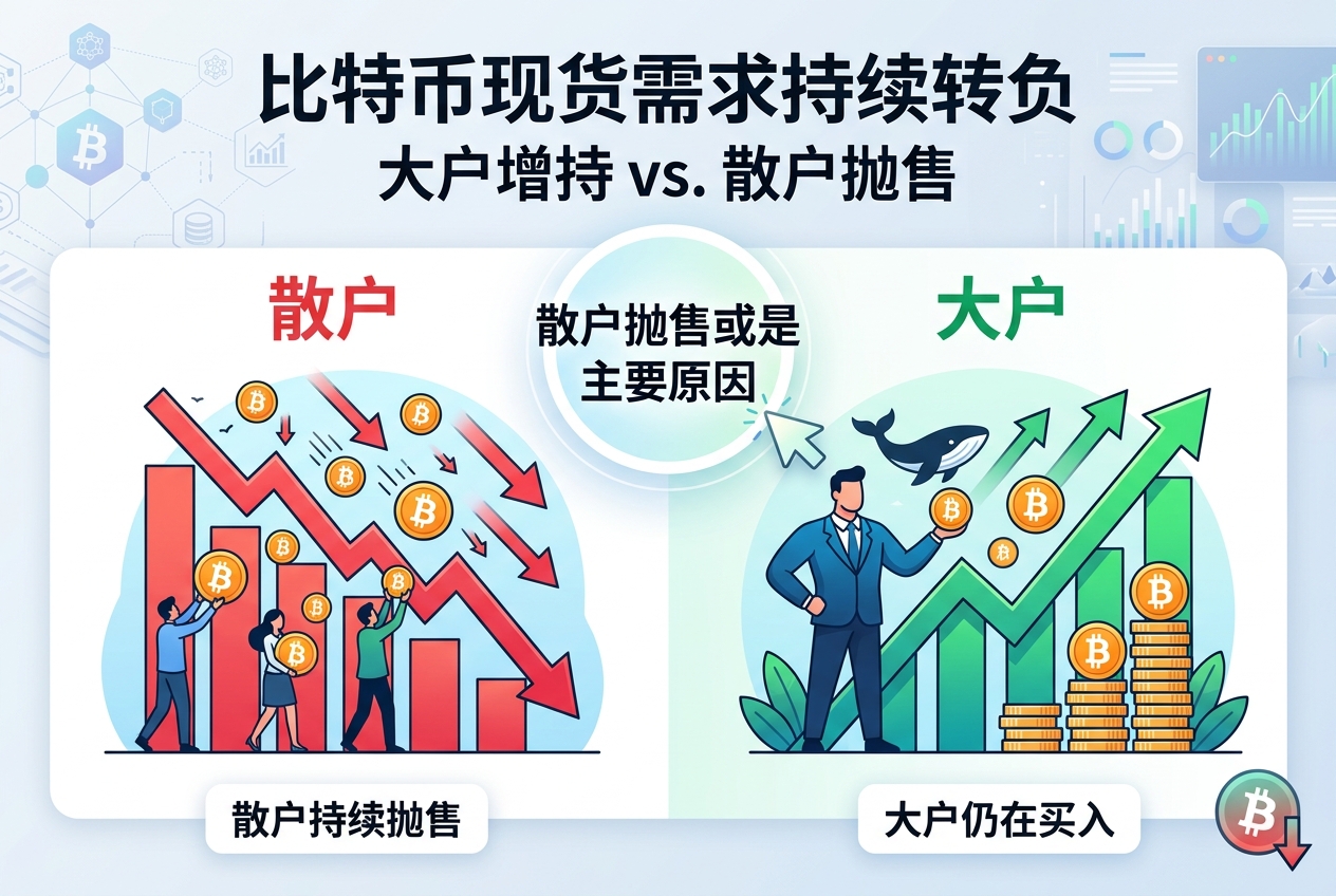 比特币现货需求持续转负,散户抛售或是主要原因
