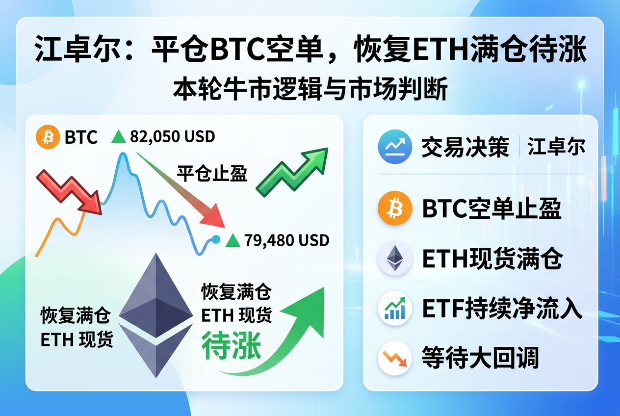 江卓尔:已平仓 BTC 空单,恢复满仓 ETH 现货待涨