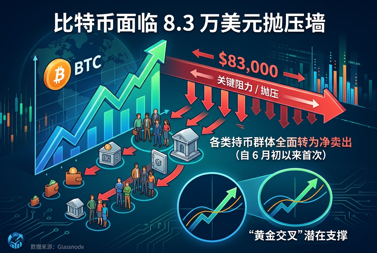比特币面临 8.3 万美元抛压墙，各类持币群体自 6 月初以来首次全面转为净卖出