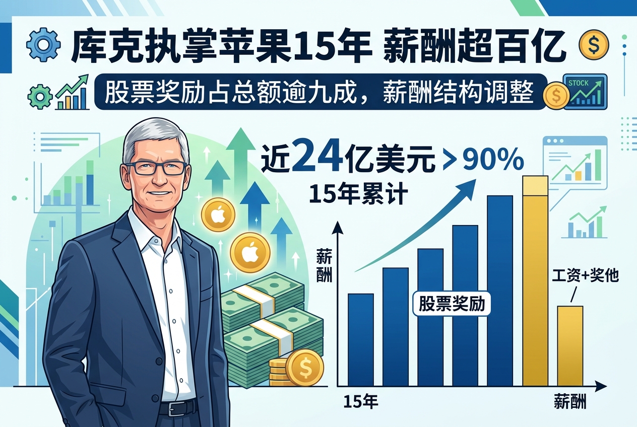 库克执掌苹果15年累计获近24亿美元薪酬，股票奖励占逾九成
