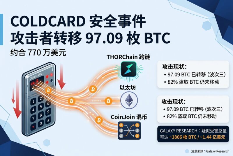 Coldcard 第三波攻击者转移 97.09 枚 BTC,约合 770 万美元-指挥使社区 - 真实线索、热点议题与深度观察