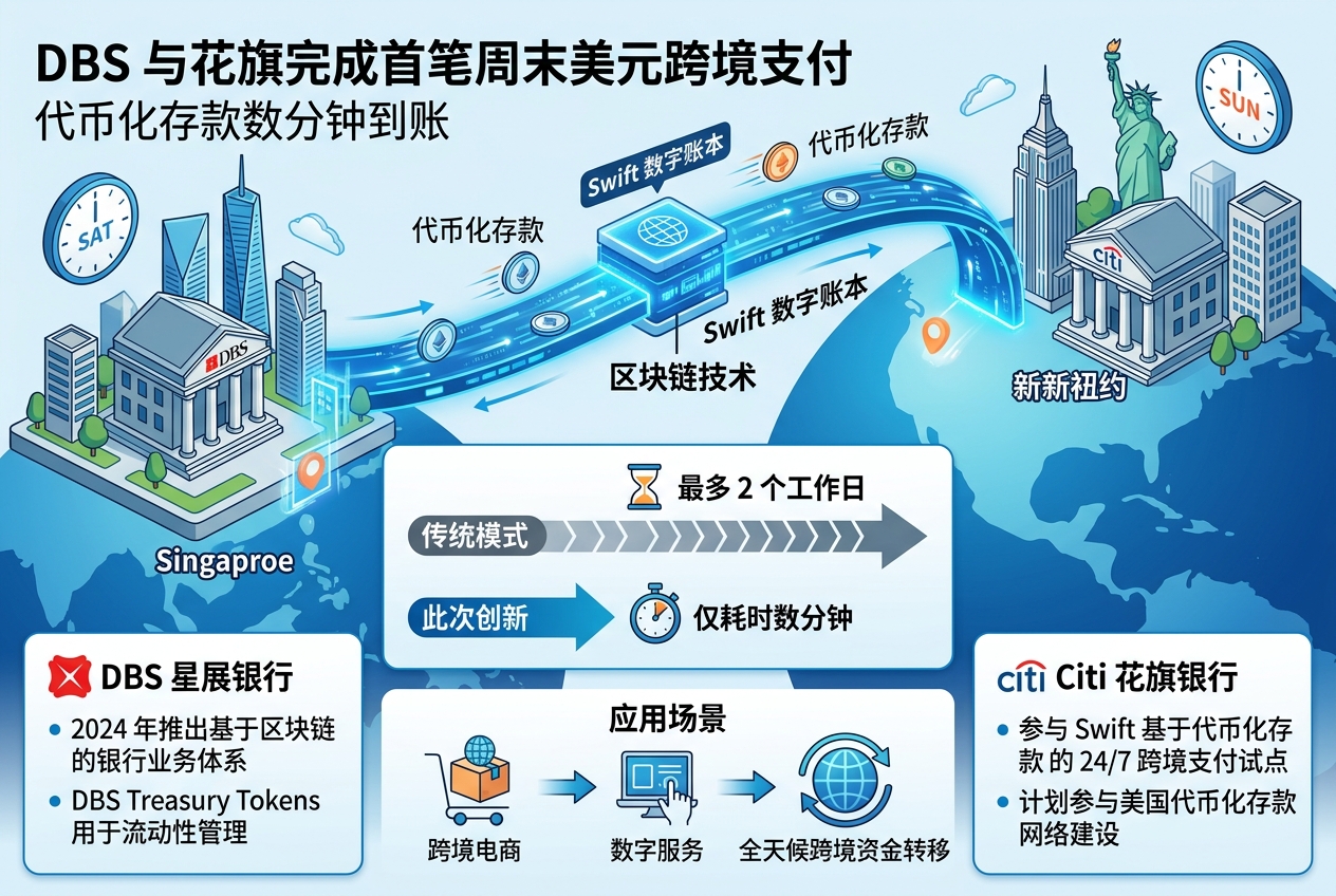 DBS 与花旗完成首笔周末美元跨境支付:代币化存款数分钟到账