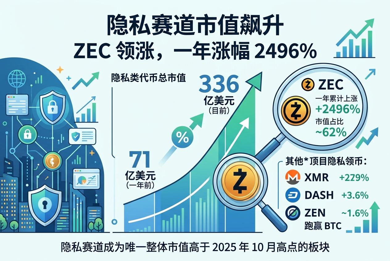 隐私赛道市值升至 336 亿美元,ZEC 一年上涨 2496%