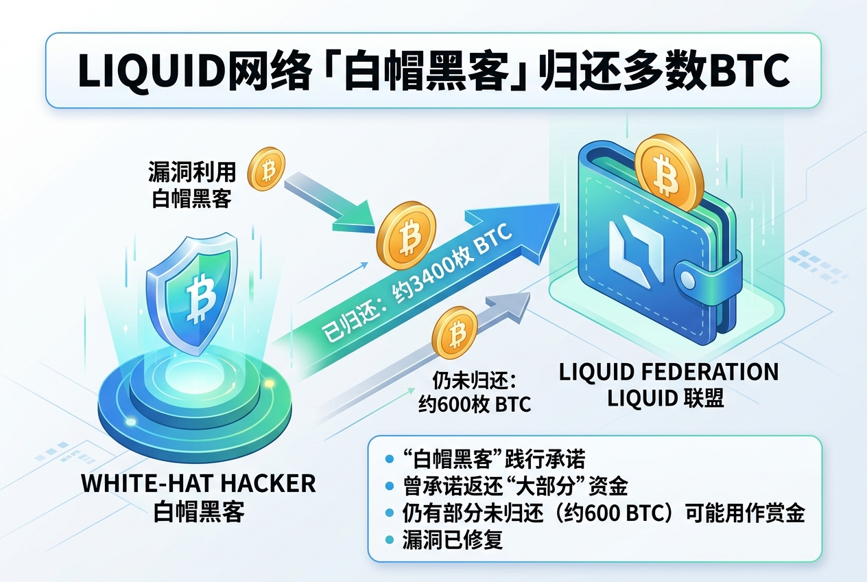 Liquid「白帽黑客」已归还约 3400 枚 BTC