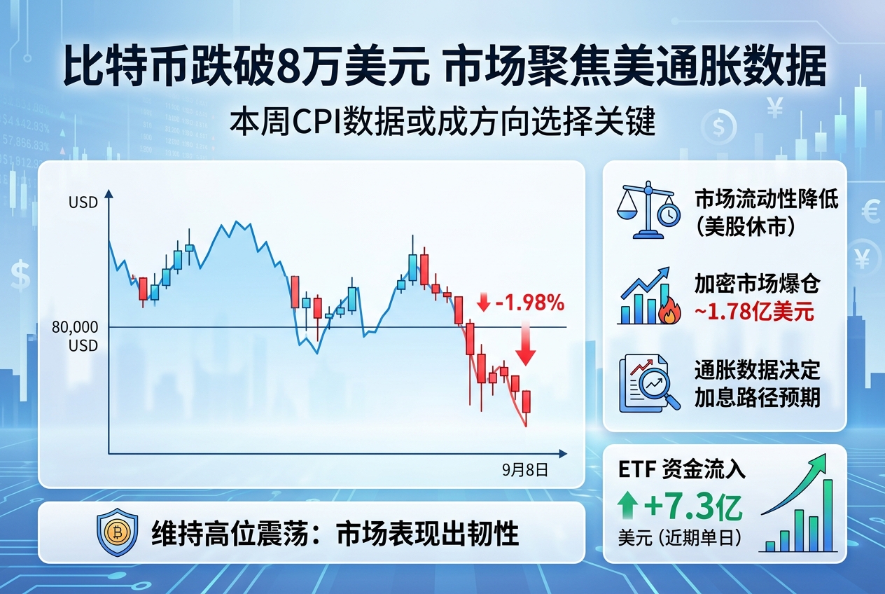 比特币跌回 8 万美元下方，本周通胀数据或成方向选择关键