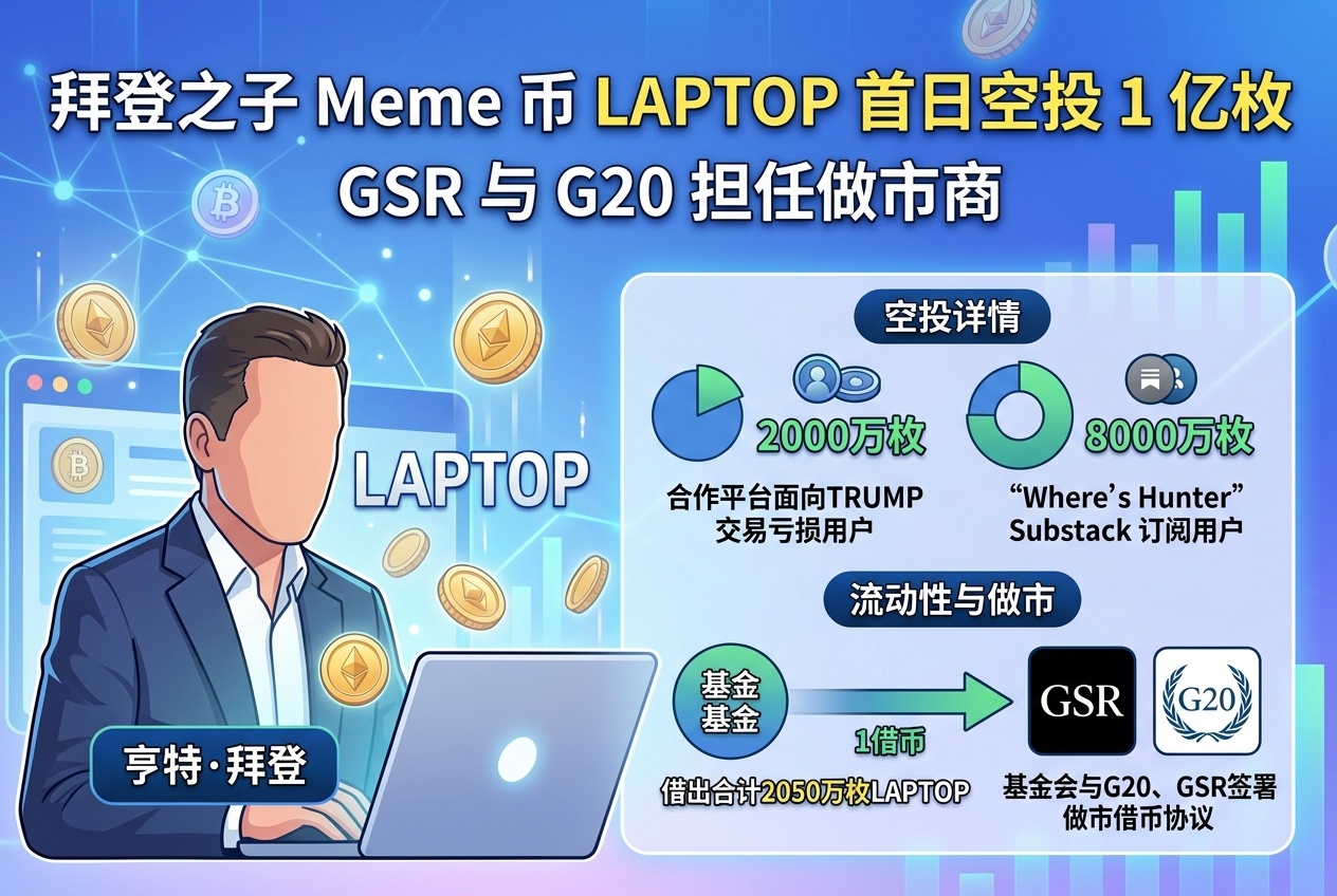 拜登之子 Meme 币 LAPTOP 首日空投 1 亿枚代币,GSR 与 G20 为做市商