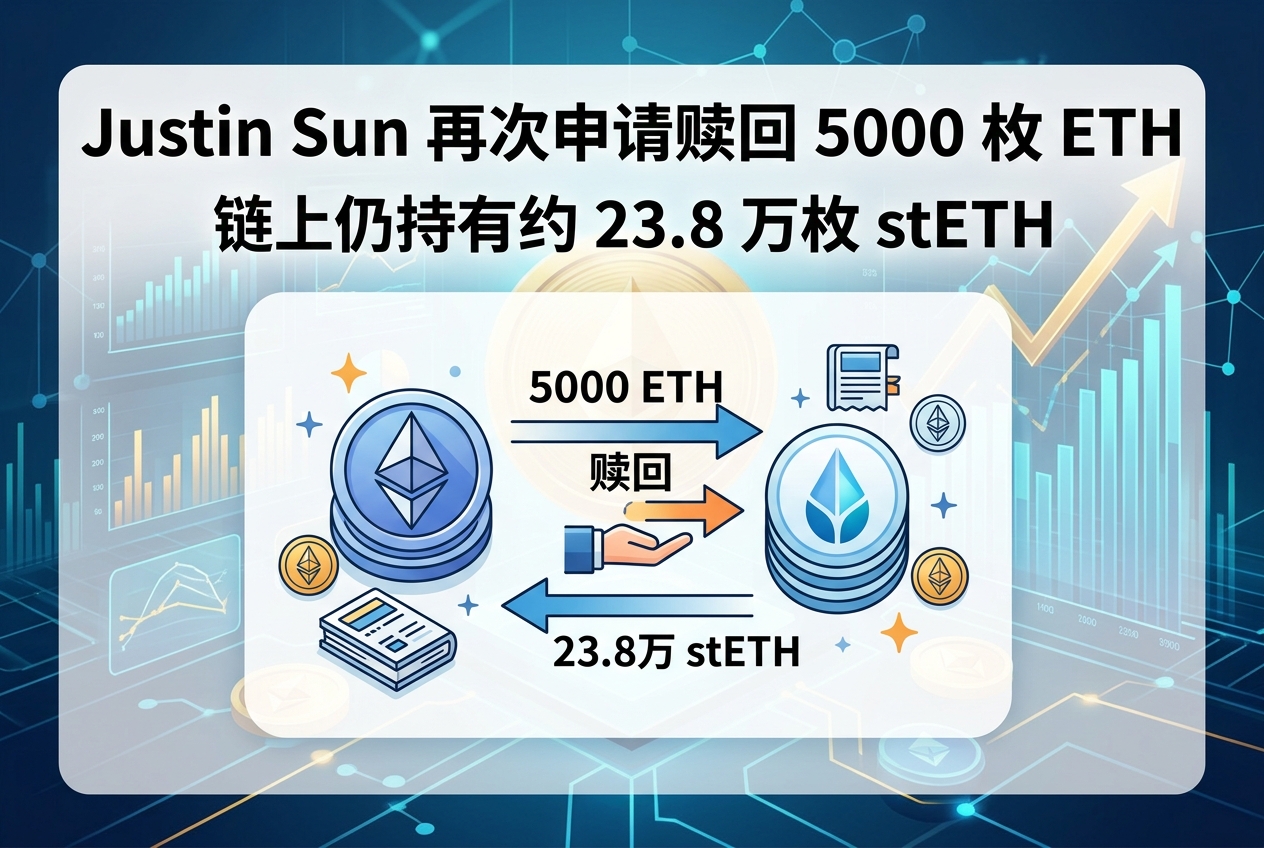 Justin Sun 再次申请赎回 5000 枚 ETH,链上仍持有约 23.8 万枚 stETH