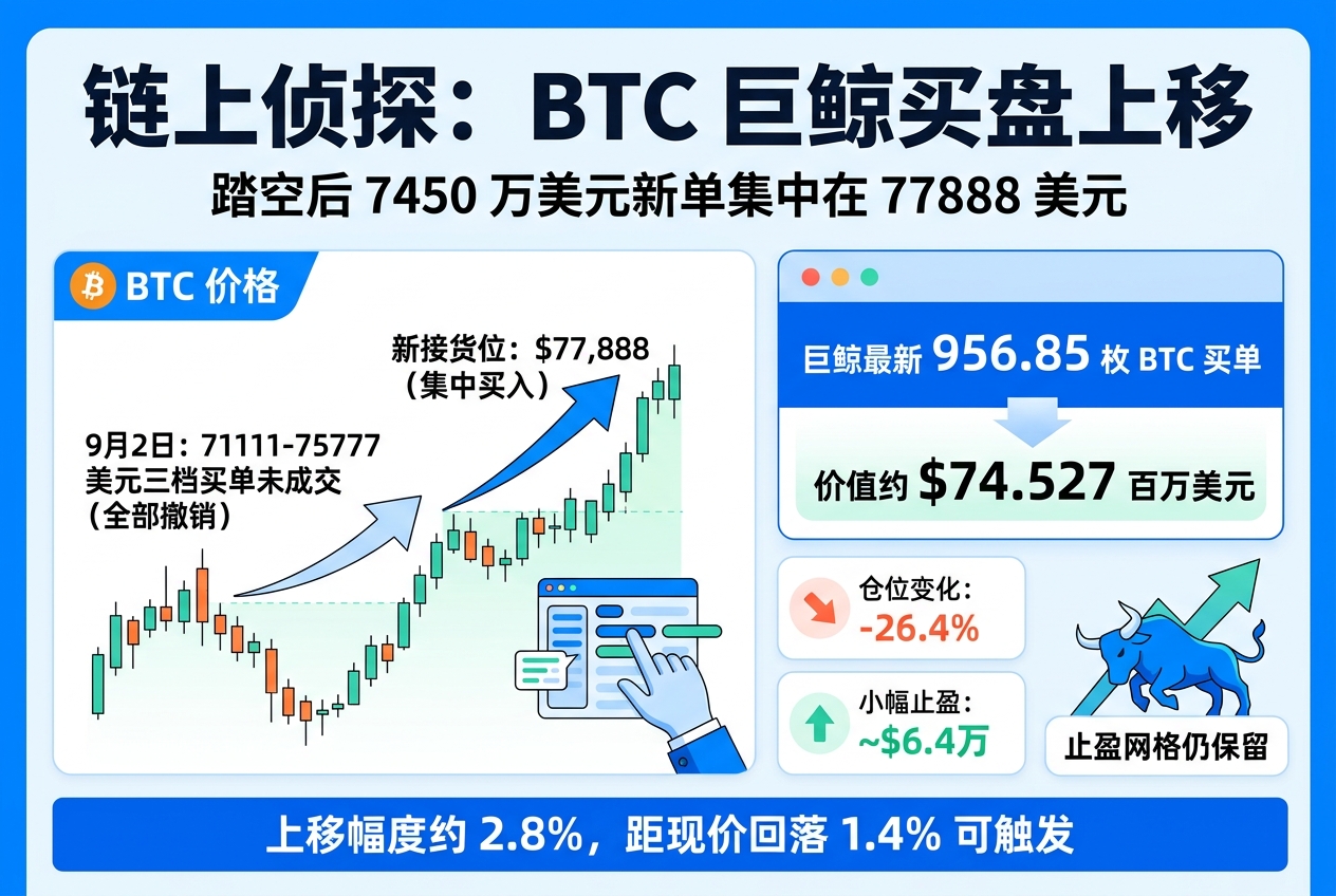 链上侦探：BTC 此前上涨令巨鲸回调买单踏空，7450 万美元买盘被迫上移