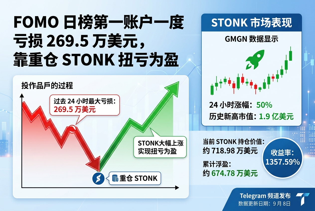 FOMO 日榜第一账户一度亏损 269.5 万美元,靠重仓 STONK 扭亏为盈
