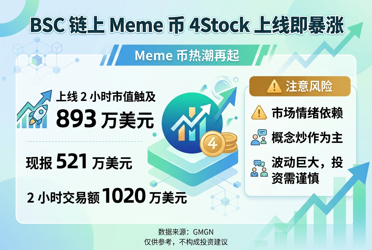 BSC 上 Meme 币 4Stock 上线 2 小时市值一度触及 893 万美元