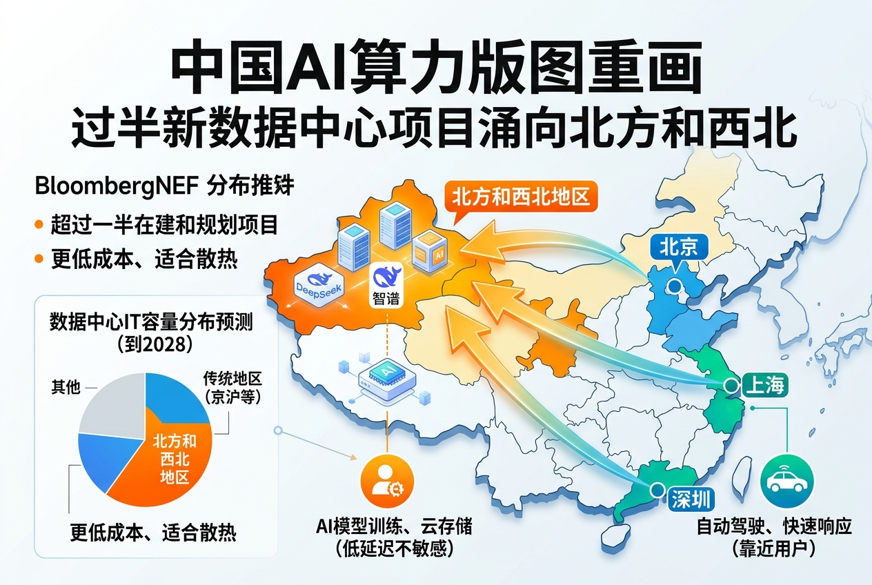 中国AI算力版图重画:过半新数据中心项目涌向北方和西北