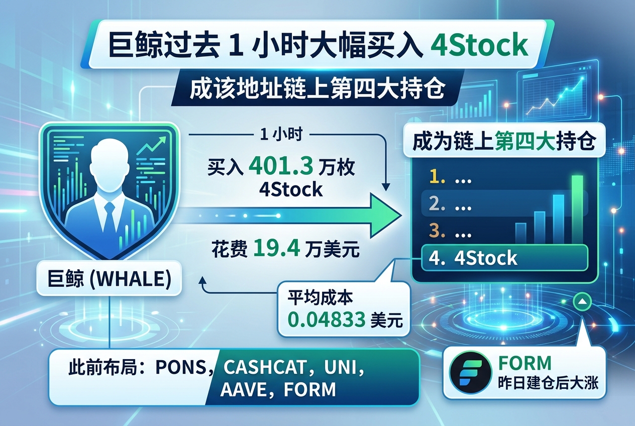 巨鲸过去1小时买入 401.3 万枚 4Stock，成为链上第四大持仓