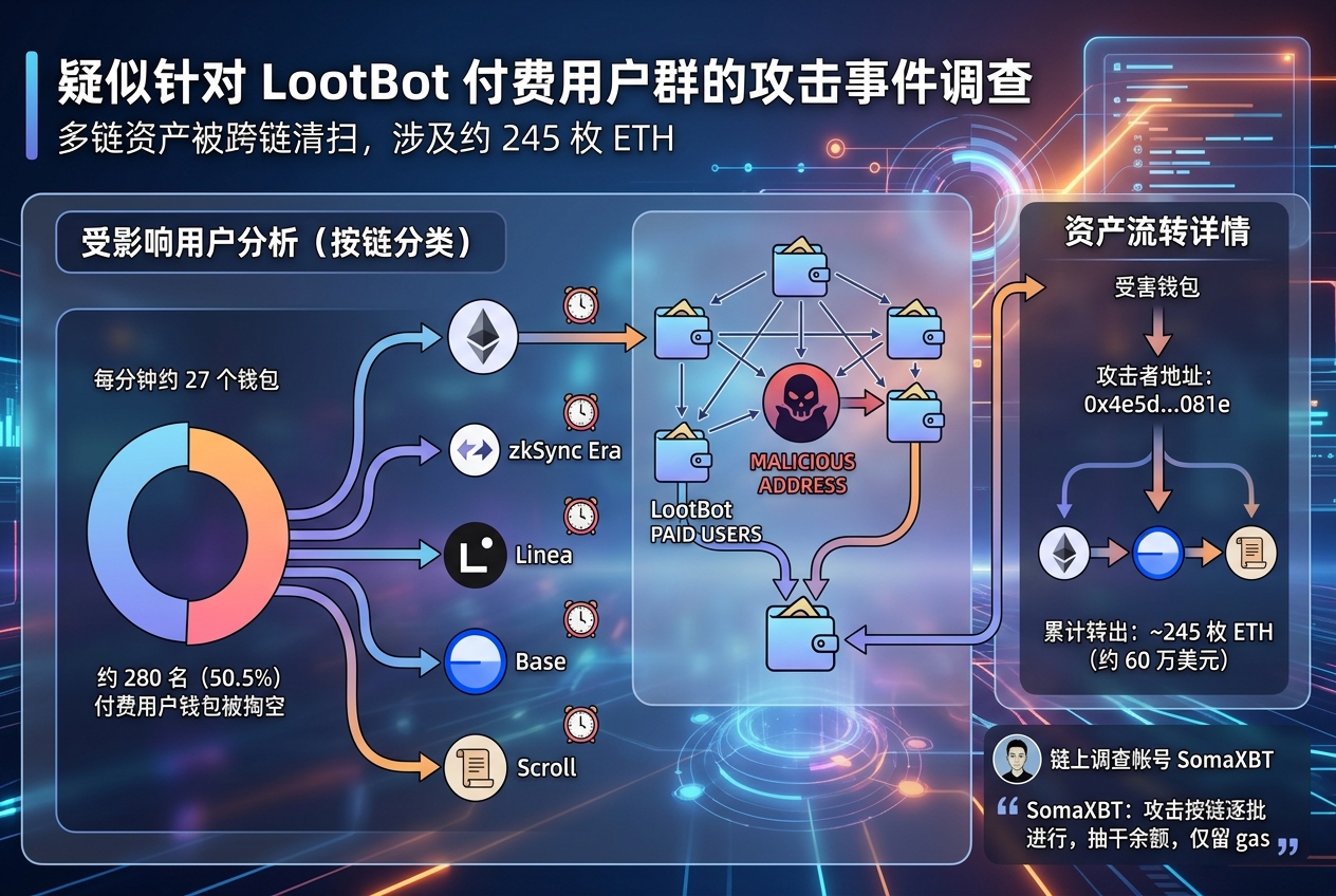 SomaXBT:某地址疑似攻击 LootBot 付费用户群,合计转出约 245 枚 ETH