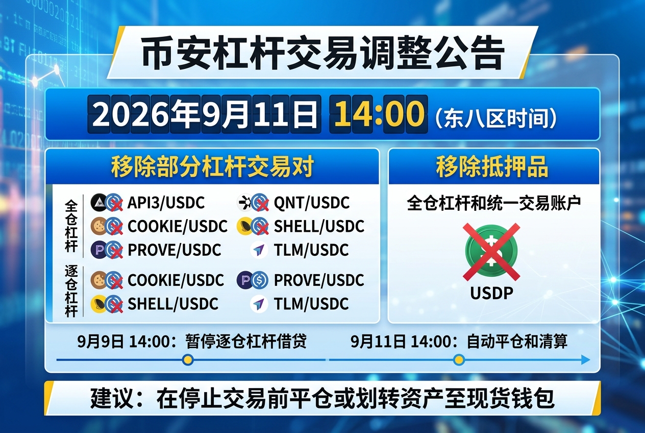 Binance 杠杆将于 9 月 11 日移除部分交易对及 USDP 抵押品