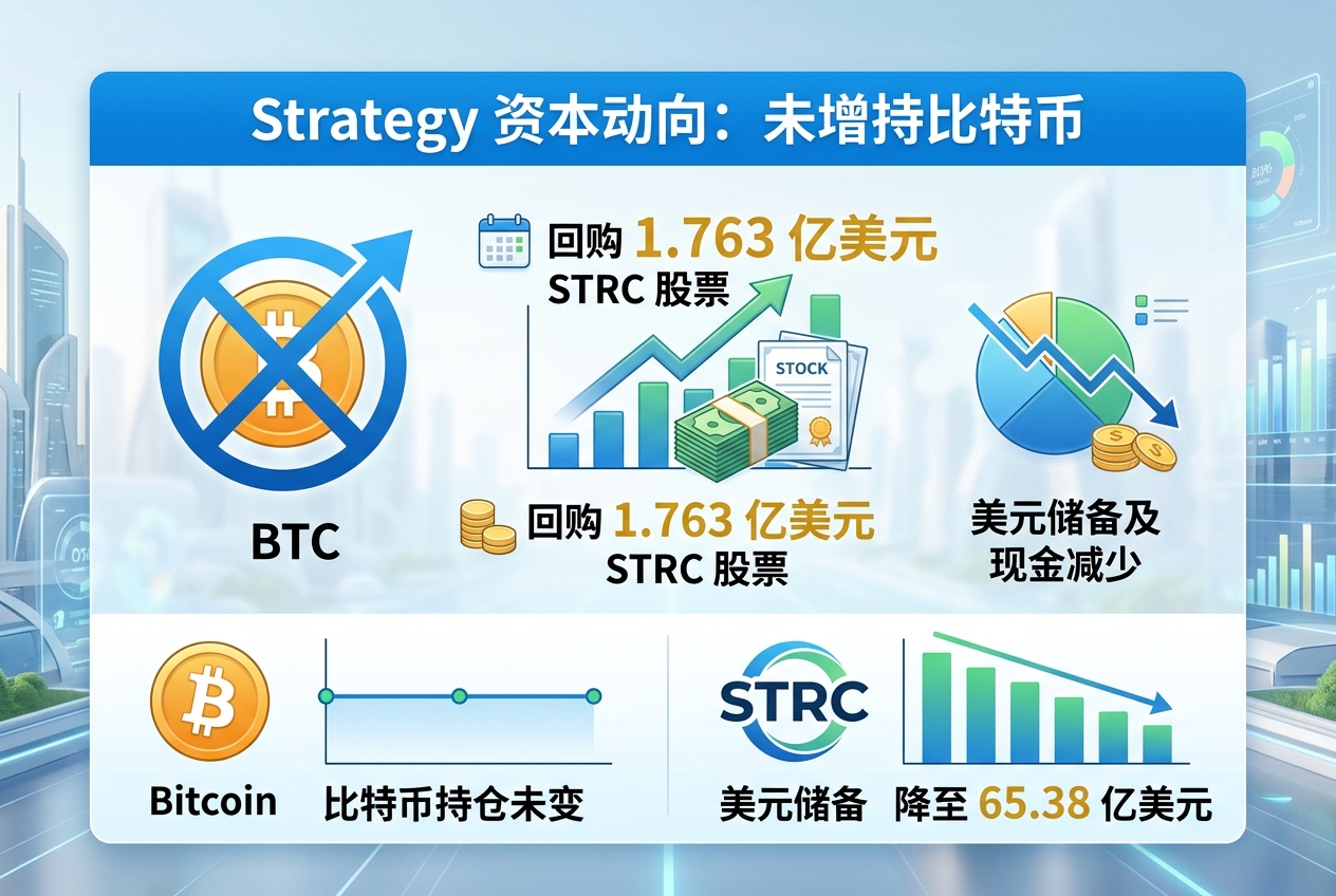 市场消息:Strategy 上周未增持比特币,回购 1.763 亿美元 STRC 股票