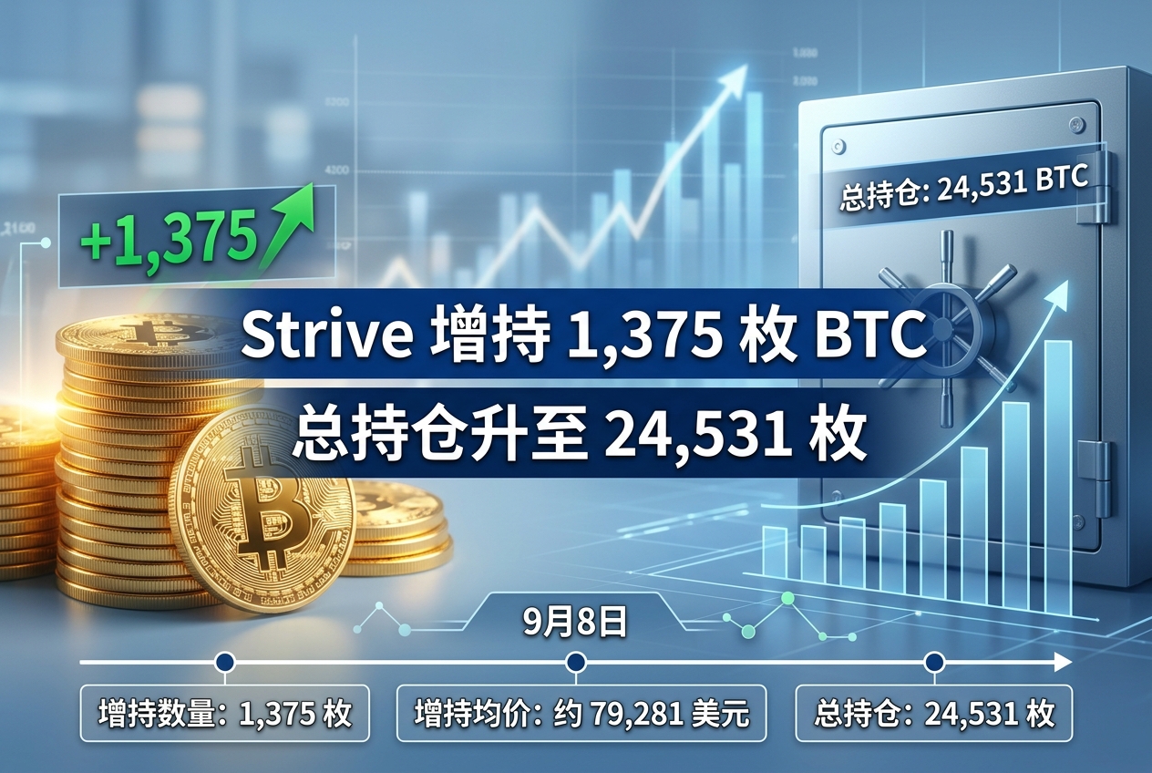 Strive 增持 1,375 枚 BTC,总持仓升至 24,531 枚