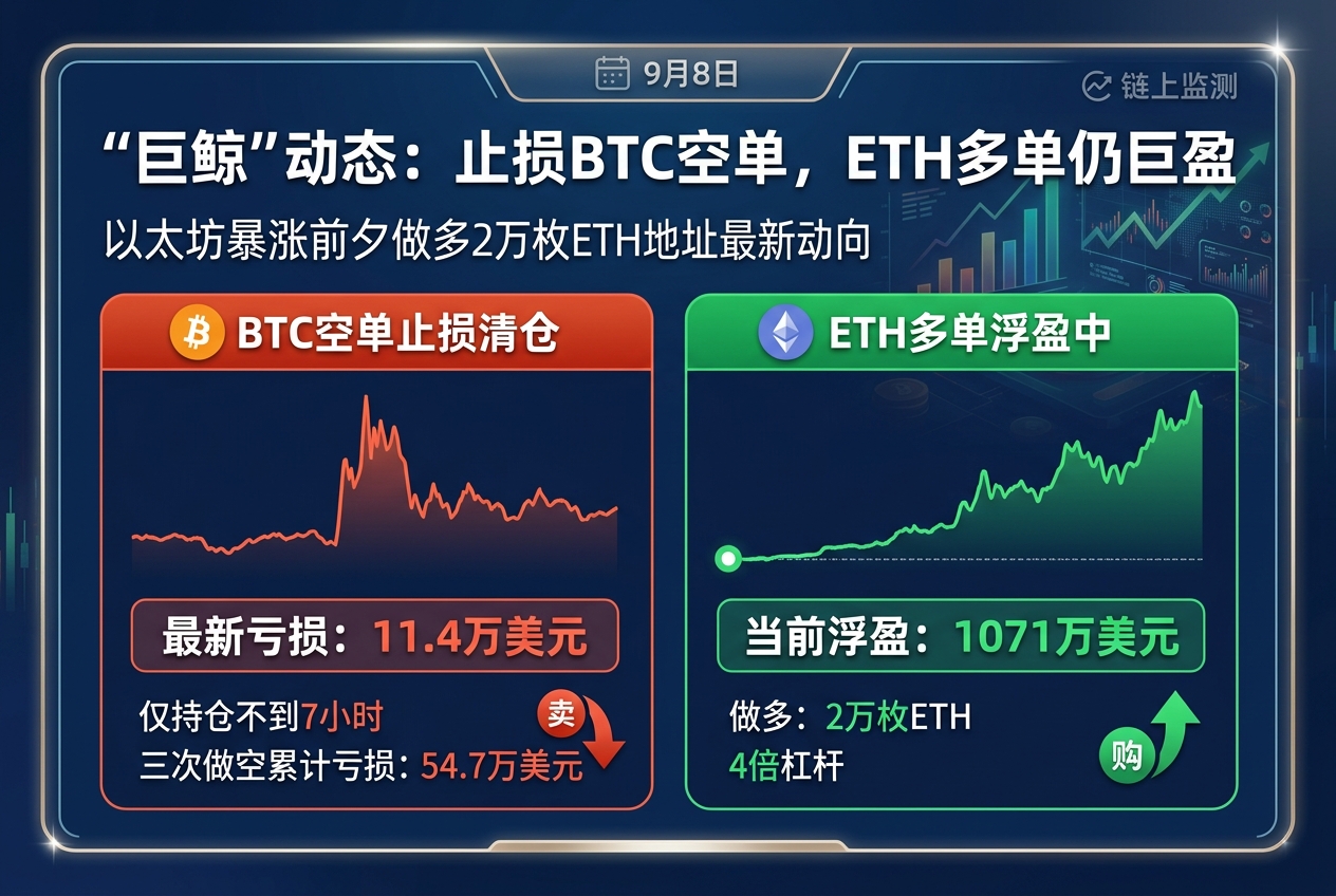 “暴涨前夕做多2万枚ETH”巨鲸再度平仓BTC空单，亏损11.4万美元