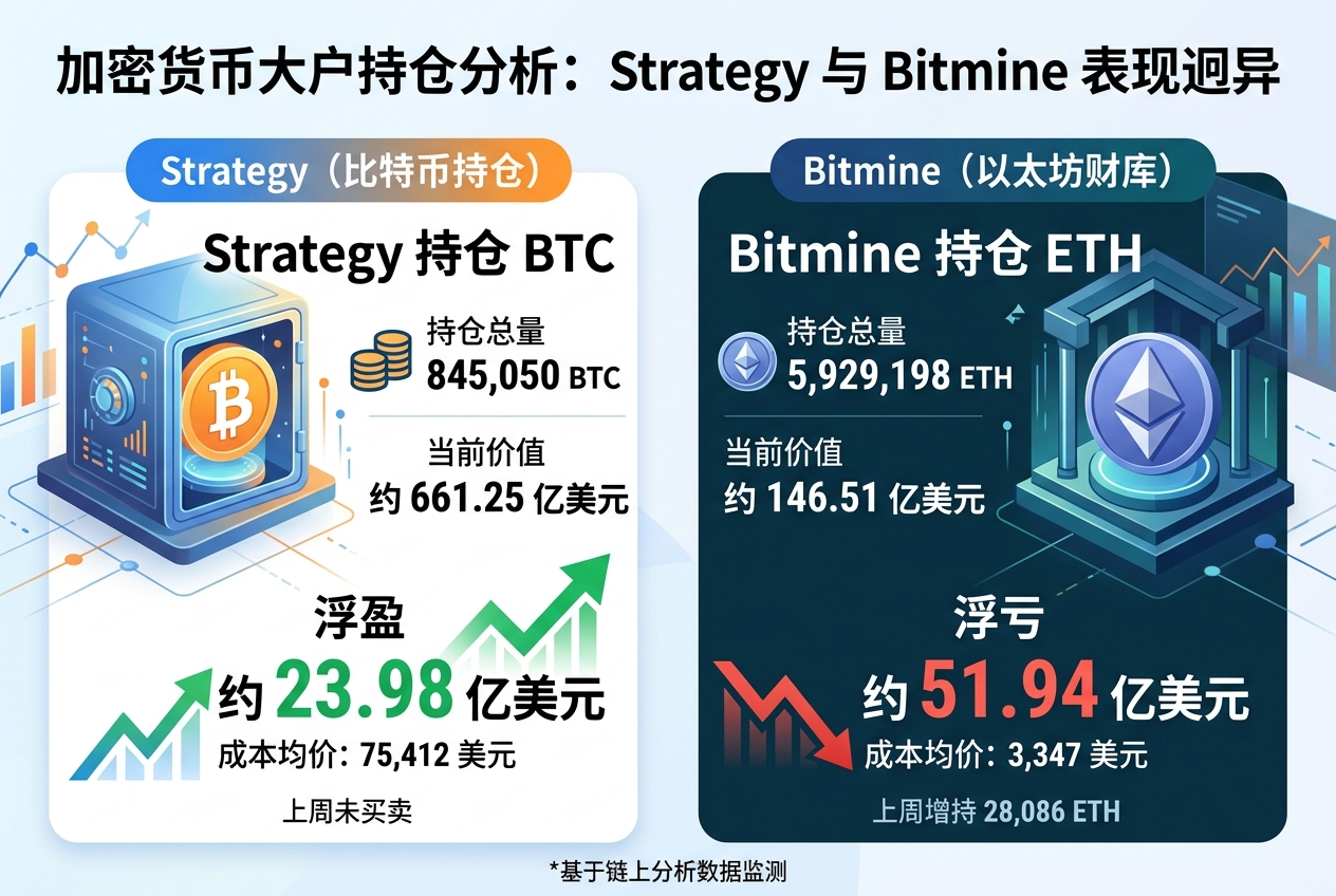 Strategy 比特币持仓浮盈约 23.98 亿美元，Bitmine 以太坊持仓浮亏约 51.94 亿美元