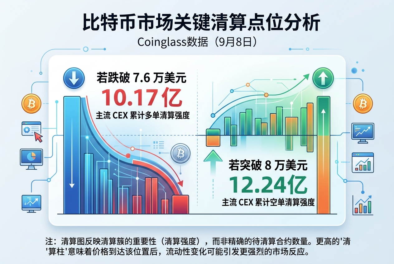 比特币若跌破 7.6 万美元,主流 CEX 累计多单清算强度或达 10.17 亿