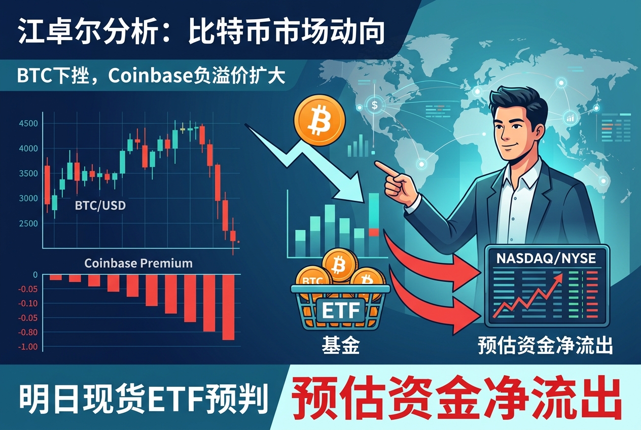 江卓尔：预计明日比特币现货ETF资金净流出，Coinbase比特币负溢价继续扩大