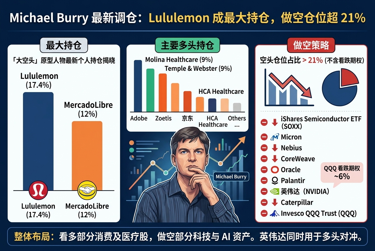 Michael Burry 最新调仓:Lululemon 成最大持仓,做空仓位占比超 21%