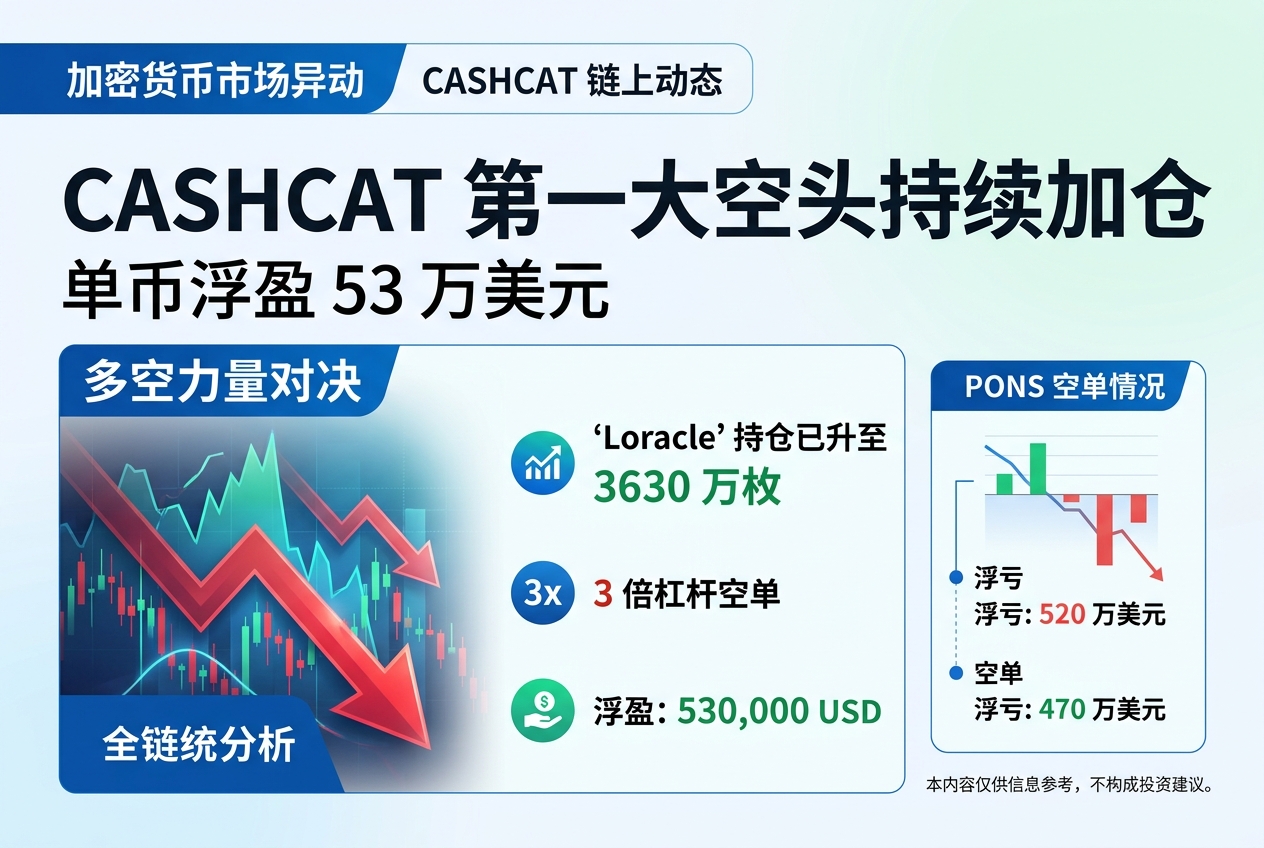 CASHCAT 第一大空头 Loracle 持续加仓,单币浮盈 53 万美元