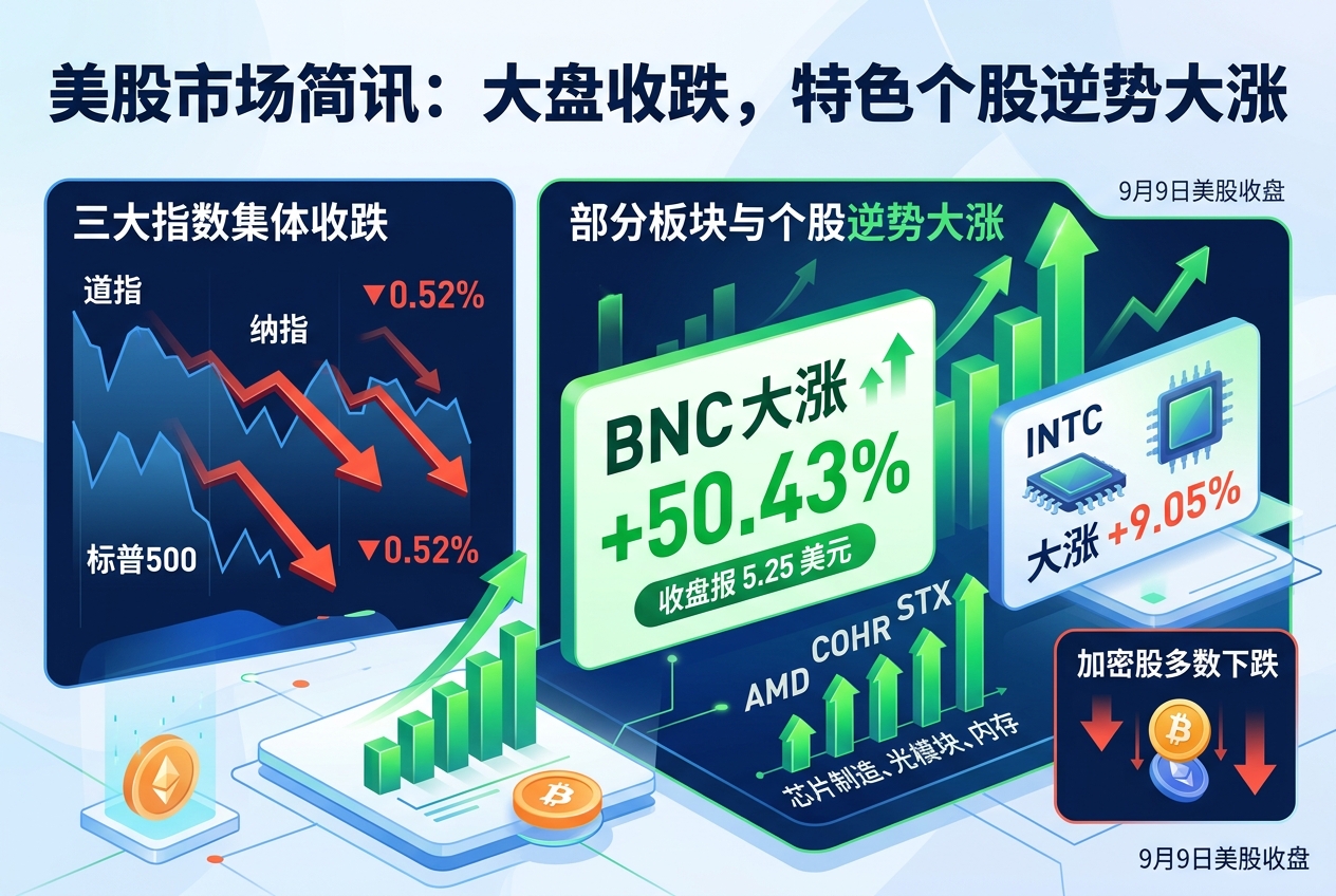 美股三大指数集体收跌,INTC大涨9.05%,BNC大涨50.43%