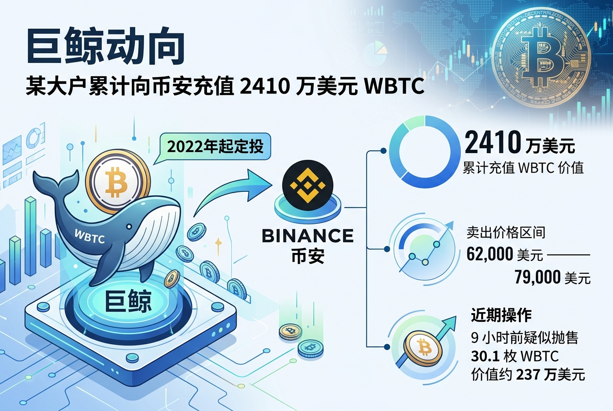 某定投巨鲸累计向 Binance 充值 2410 万美元 WBTC