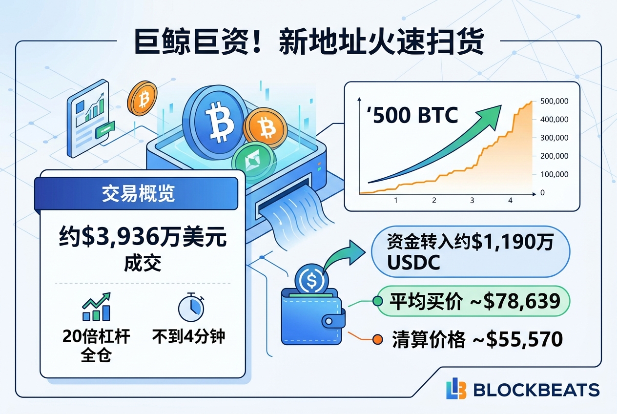 链上侦探｜某新地址获约1,190万美元资金转入，买入价值约3,936万美元的500枚BTC