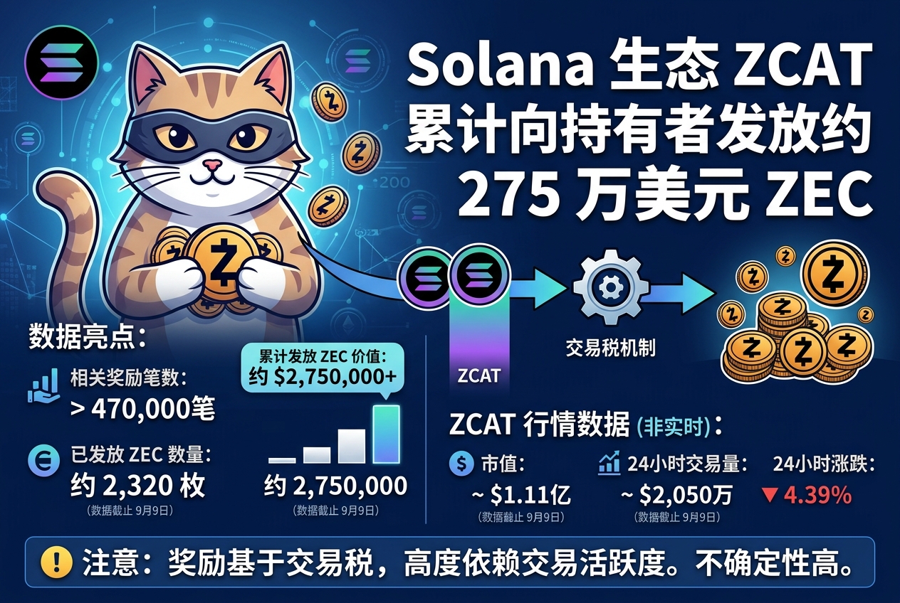 Solana 生态 Meme 币 ZCAT 已累计向持有者发放约 275 万美元 ZEC