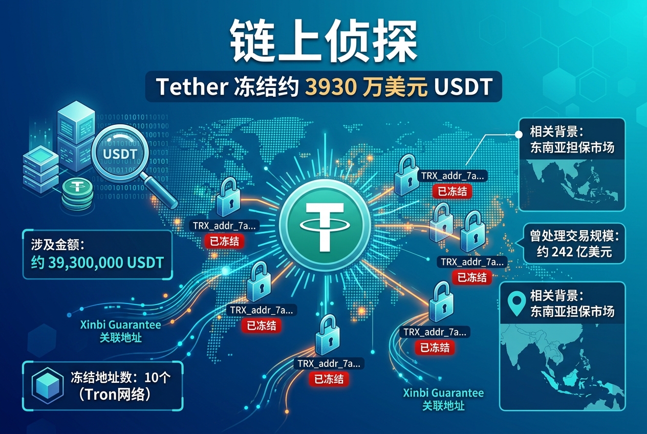 链上侦探｜Tether 冻结约 3930 万美元 USDT，涉及 Xinbi Guarantee 关联地址