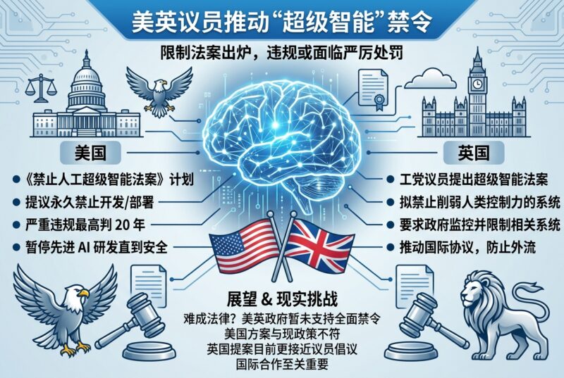 美英议员推动“超级智能”禁令:美国方案违规最高可判 20 年-指挥使社区 - 真实线索、热点议题与深度观察