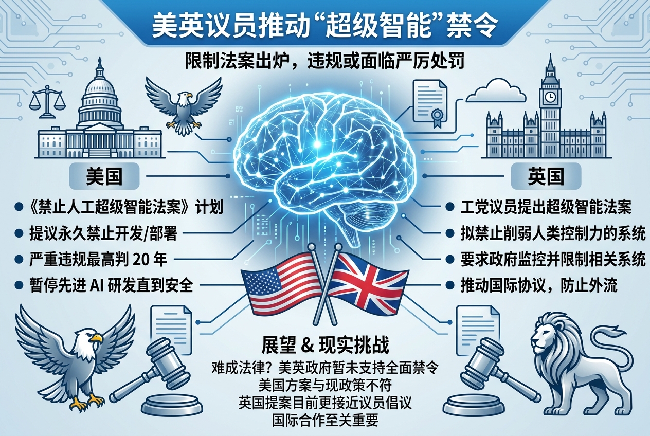 美英议员推动“超级智能”禁令:美国方案违规最高可判 20 年