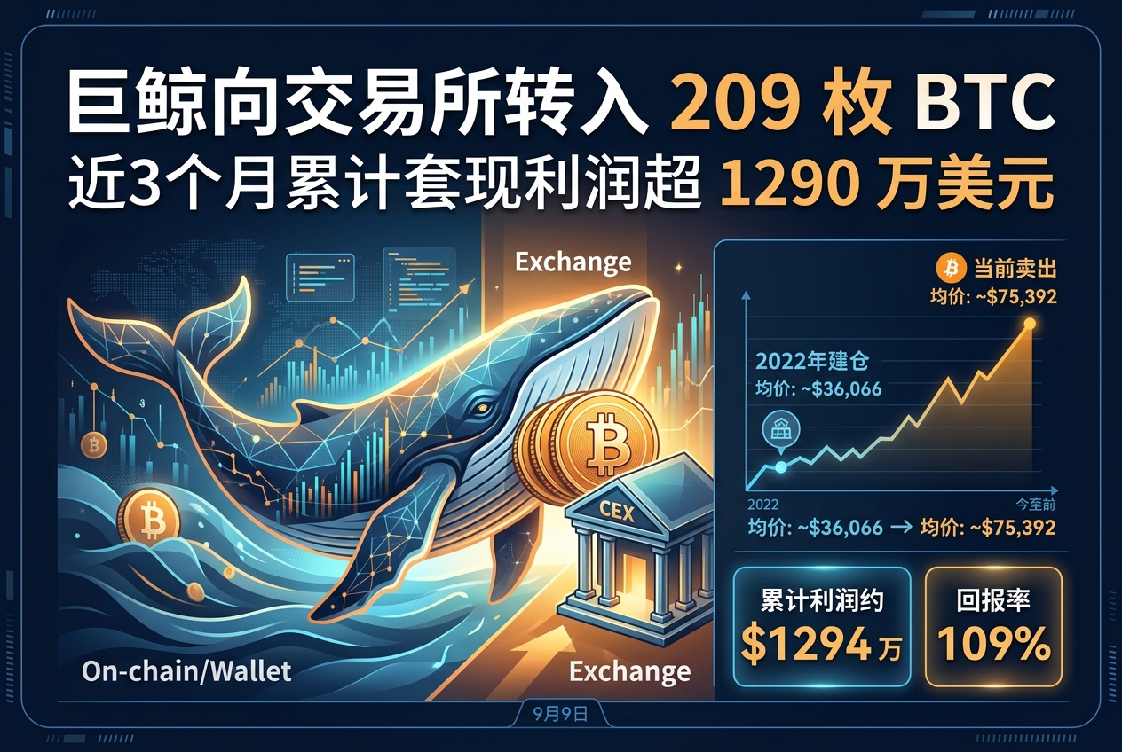 某巨鲸再向 CEX 转入 209 枚 BTC,近 3 个月套现利润超 1290 万美元