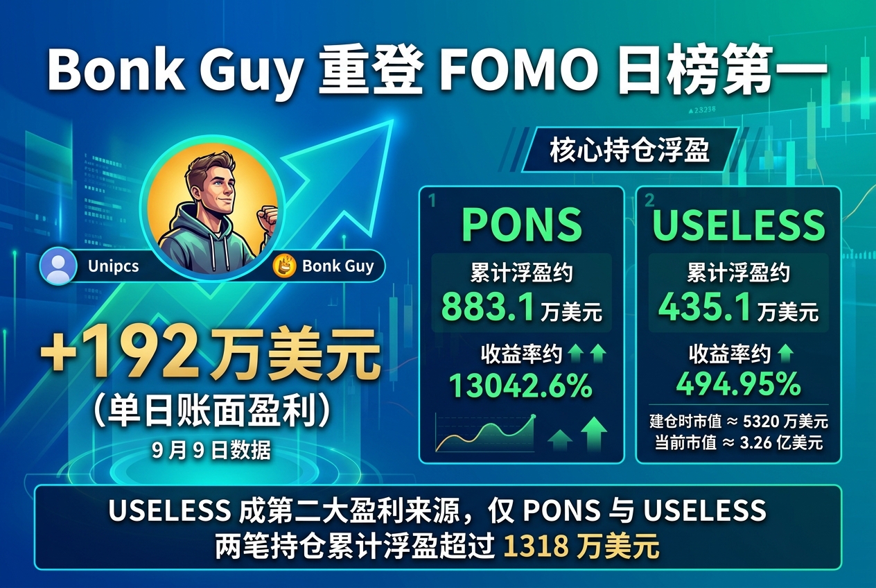 Bonk Guy 单日账面盈利 192 万美元,重登 FOMO 日榜第一