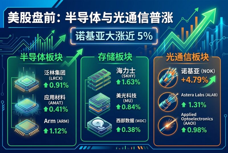 美股盘前半导体、存储及光通信板块普涨,诺基亚涨近 5%-指挥使社区 - 真实线索、热点议题与深度观察