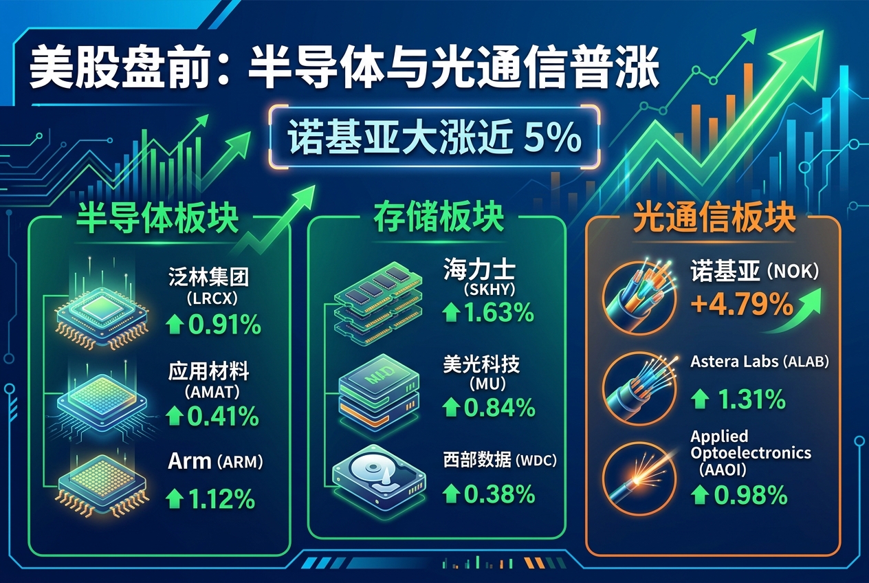 美股盘前半导体、存储及光通信板块普涨,诺基亚涨近 5%