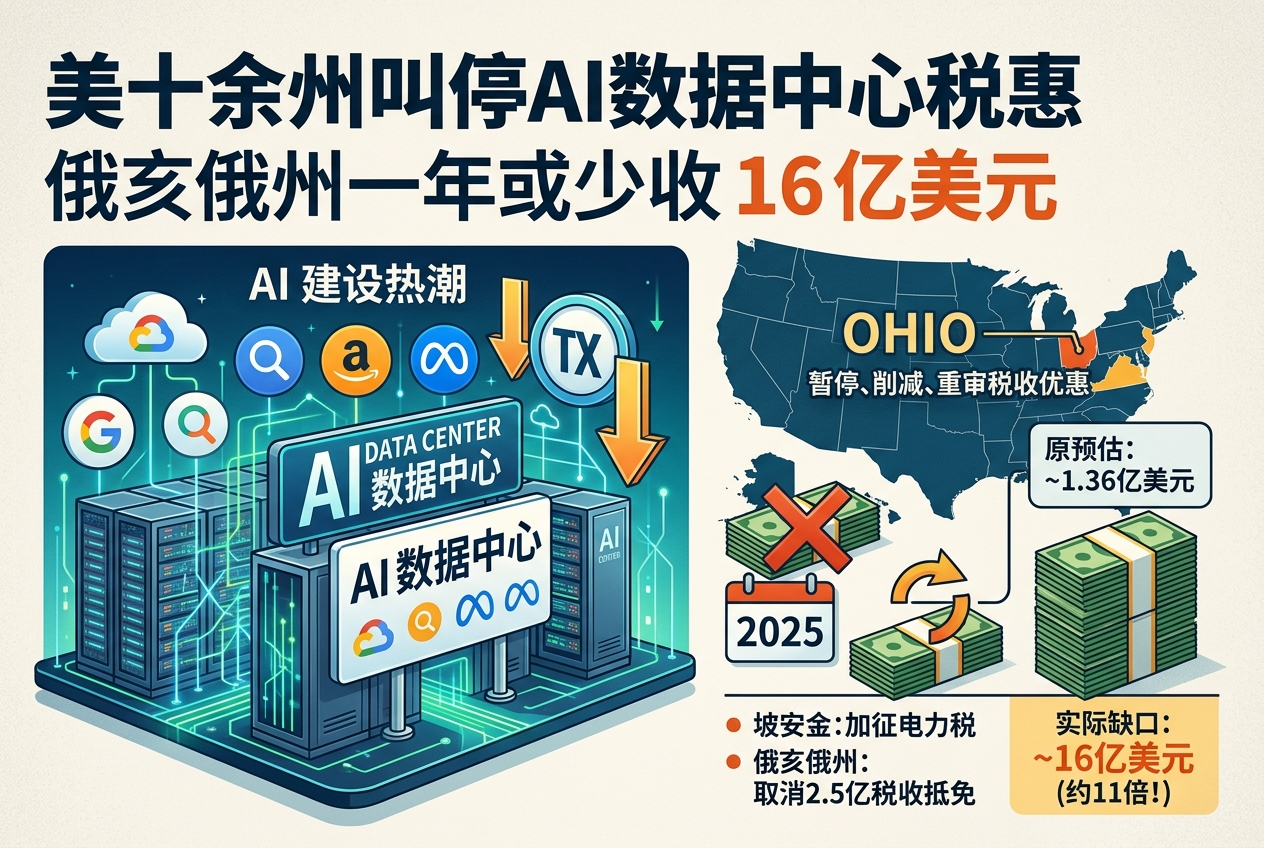 美国十余州叫停 AI 数据中心税惠:俄亥俄一年少收约 16 亿美元