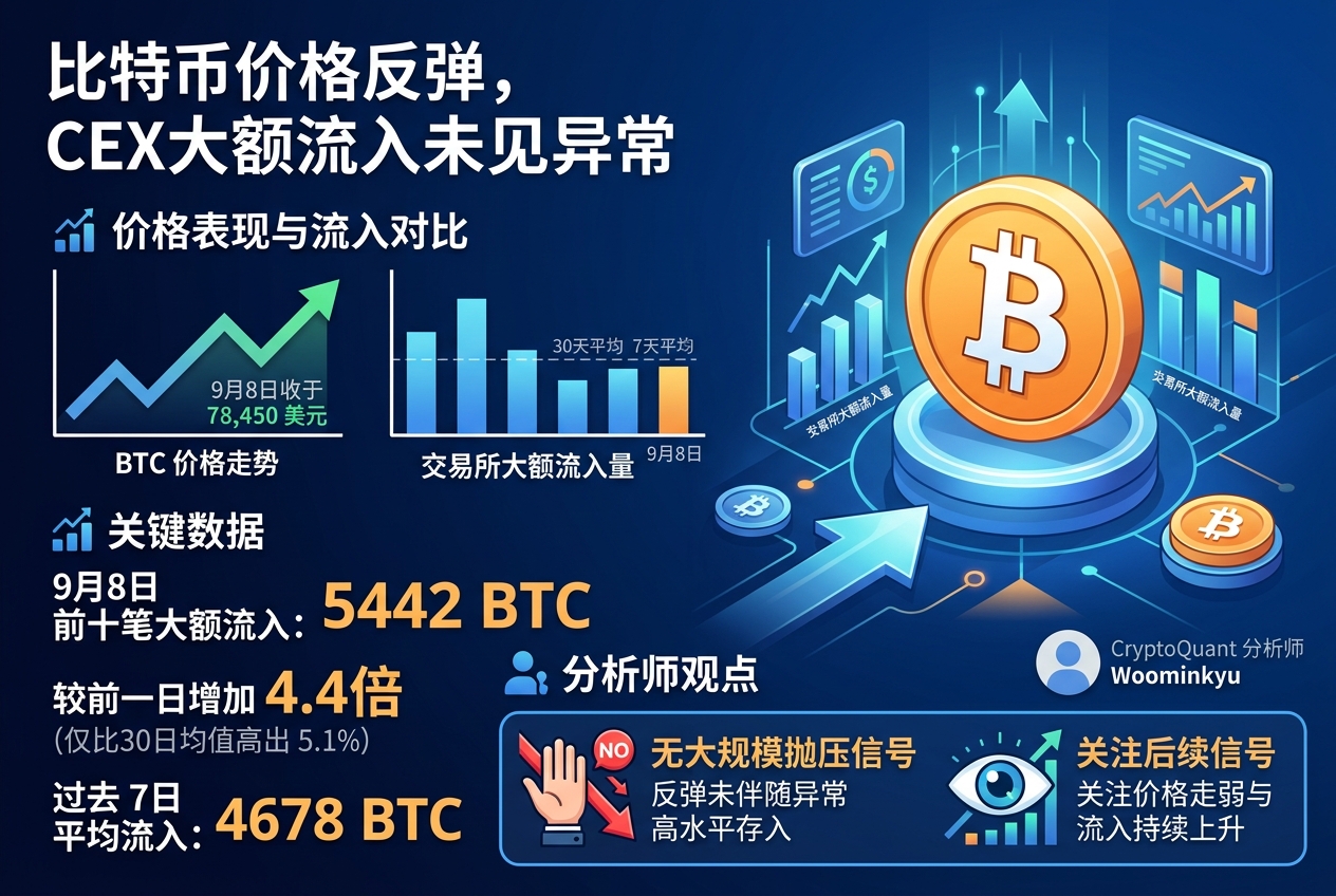 分析师:CEX 比特币流入量仍处近期正常水平,反弹尚无大额抛压信号